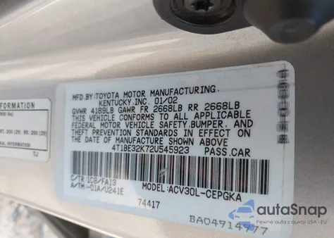 2002 Toyota Camry Xle z USA, uszkodzony, nr VIN 4T1BE32K72U545923